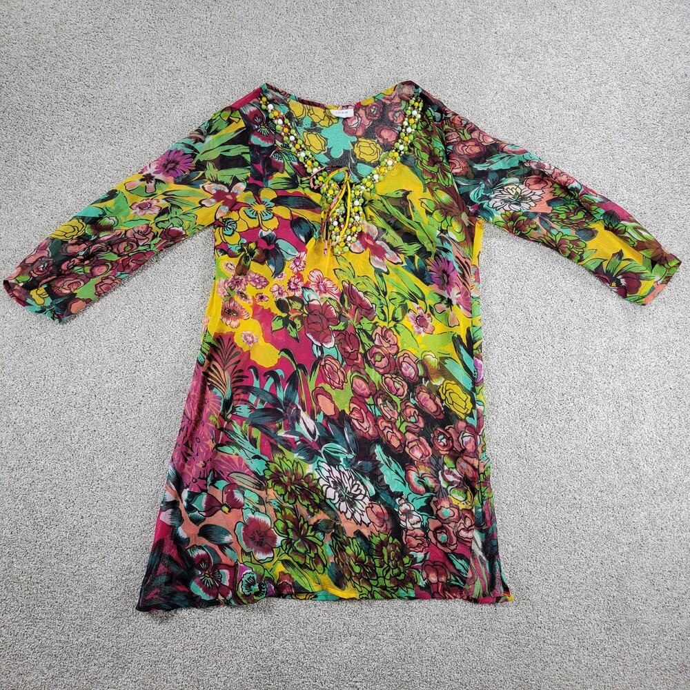 Loisir Floral Beach Coverup Colorful Drawstring Beaded Neckline Pool Summer